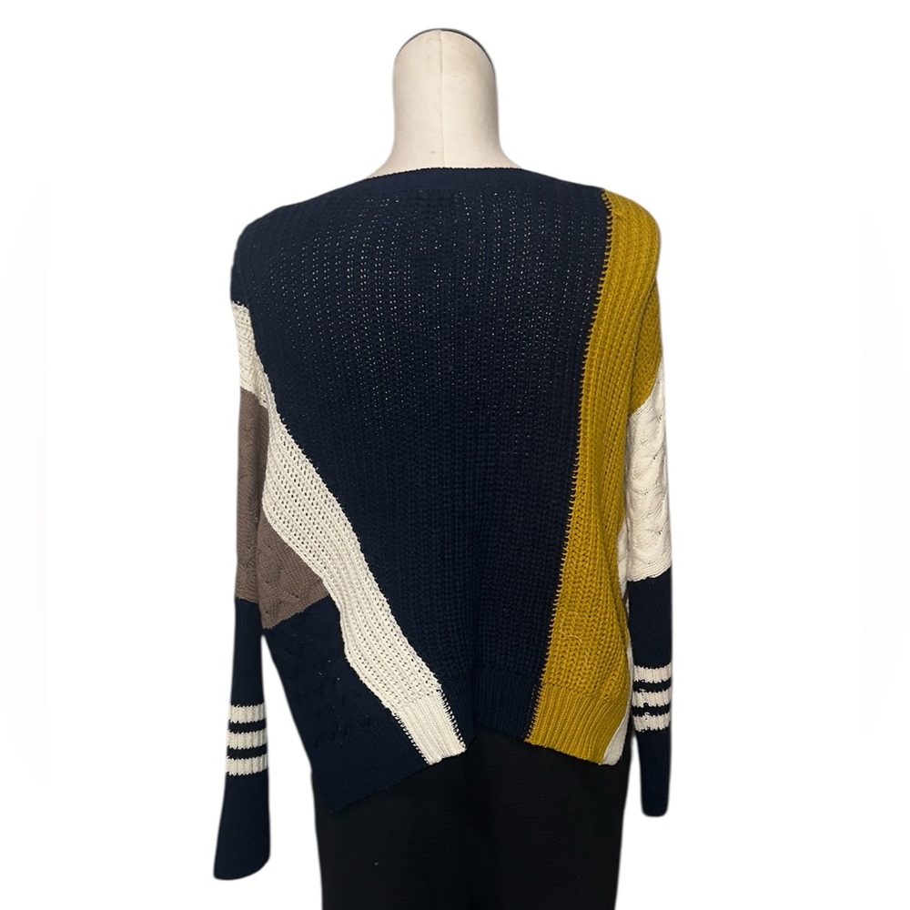 NWT Color Block Cable Knit Oversized Navy Mustard Cream Boho Chunky Sweater S - Picture 3 of 4